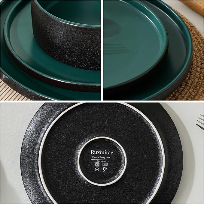 12 Piece Dinnerware Set, Modern Minimalist Stoneware Plates and Bowls Sets, Modern Dinner Plate, Salad Plate, Cereal Bowl, Dish Set for 4, Microwave and Dishwasher Safe, Matte Green