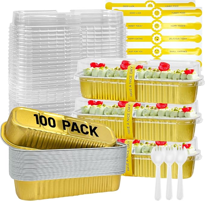 100Pack Gold Mini Cake Pans With Lids, 6.8 Oz Loaf Pans With Lids, Baking Cups Muffin Tins,Disposable Baking Pans Holders For Brownie Cake Bread
