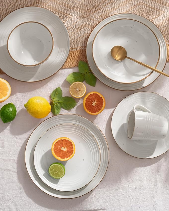 Famiware Jupiter 18-Piece Stoneware Dinnerware Sets for 6 – Handcrafted Plates and Bowls with Speckles & Embossed Swirls, Chip & Scratch Resistant, Modern Rustic Dishes for Daily & Formal Use, White