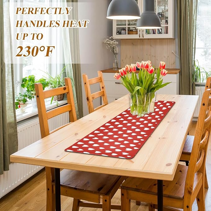 2-in-1 Table Runner Trivet for Hot Dishes Heat Resistant Hot Plate Mat Pad 39x12 Inch Waterproof Table Protector Trivets for Countertop Decorative Red Heart Valentine