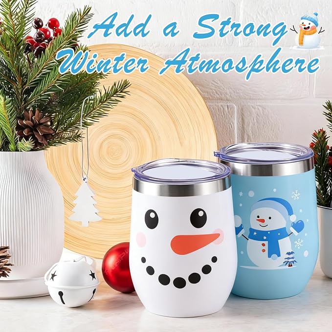 6 Set Christmas Wine Tumbler with Lid and Straw 12 Oz Christmas Stainless Steel Wine Tumbler with Keychains, Winter Snowman Insulated Travel Coffee Mug Xmas Gifts for Women Men Xmas Wedding Party