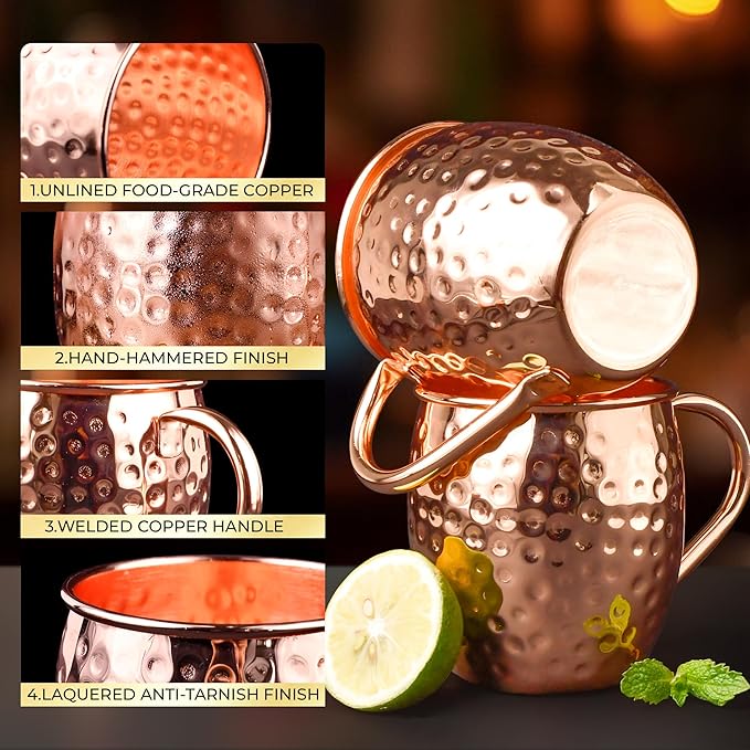 Moscow Mule Mugs, 4pcs Set of 16oz Copper Cups, Handcrafted Traditional Design, Gift Set with Straws, Spoon, Cleaning Brush & Shot Glass, Insulated, Reusable