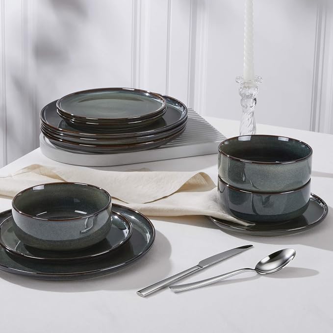 Herogo 18 Pieces Stoneware Dinnerware Set Service for 6, Dinner Plates and Bowls Sets, Double Reactive Glaze Dishes Set for Kitchen, Scratch Resistant, Microwave & Dishwasher Safe, Moss Green