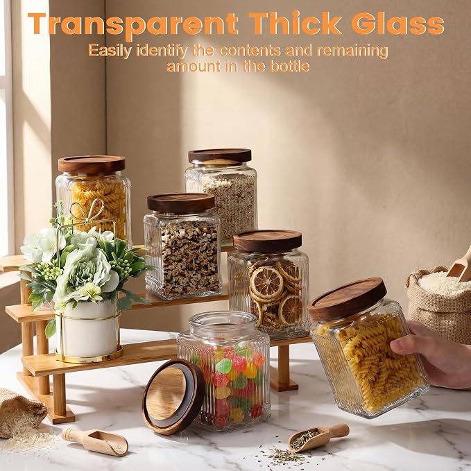 6 Pcs Vintage Glass Storage Jar with Lid 25.3 oz Glass Containers Stylish Ribbed Pattern Airtight Kitchen Jars Candy Jar for Food Cookies Candy Coffee Tea Beans Grains Storage