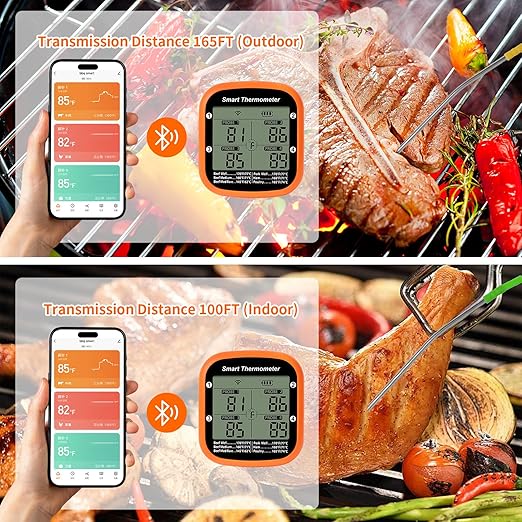 YFL Wireless Meat Thermometer with 4 Color Probes, Bluetooth Smart BBQ Thermometer for Grilling & Smoker, Magnetic Kitchen Thermometer165ft Range Digital Remote App Monitor