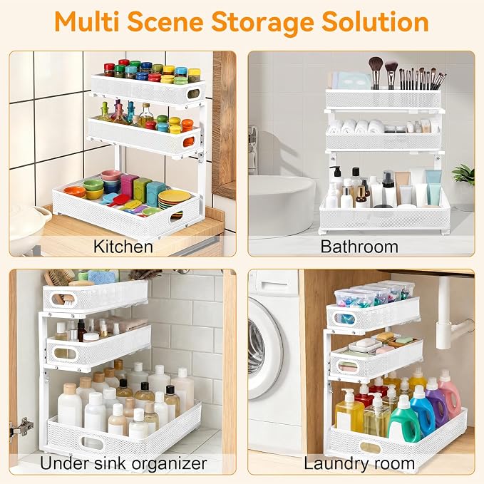 Under Sink Organizer for Bathroom, 3 Tier Adjustable Height Under Sink Storage, Sliding Pull Out Cabinet Organizer Shelf, Metal Multi-Purpose Cabinet Organizer for Kitchen (1 Pack, White)