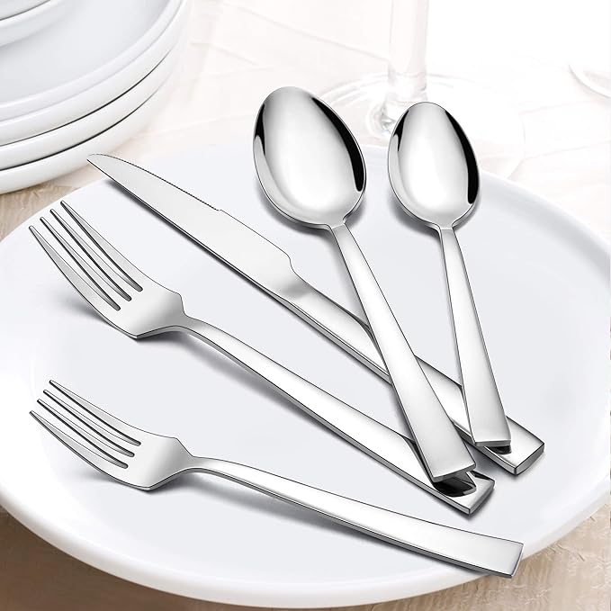 LIANYU 60-Piece Silverware Flatware Set with Organizer Tray, Stainless Steel Square Cutlery Set for 12, Reusable Eating Utensils Tableware, Dishwasher Safe