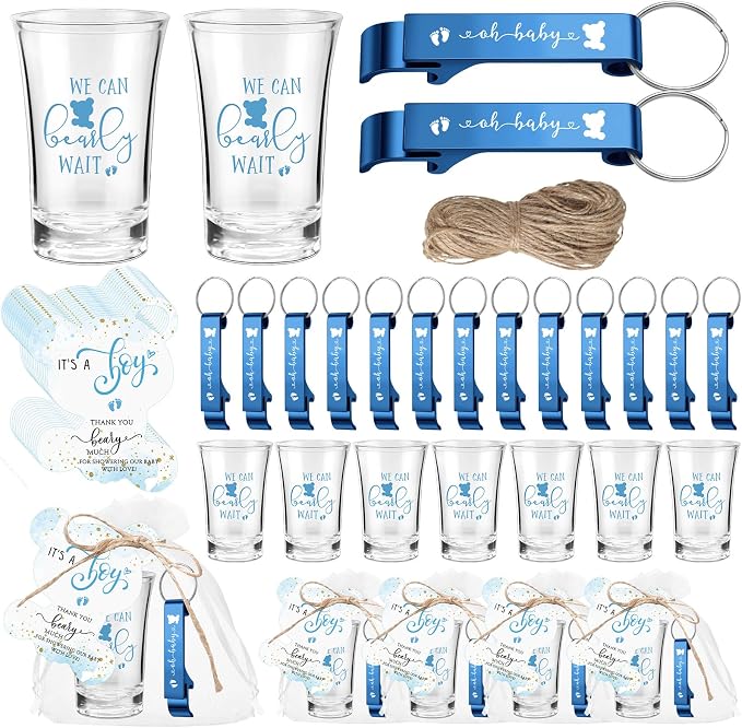 50 Sets Baby Shower Favor for Guests Acrylic Shot Glasses with Bottle Opener Keychains Thank You Tags and Bags Gender Reveal Party Favors for Guest Baby Shower Return Gift(Bear Boy)