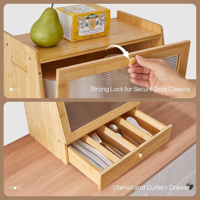 HOOBRO Bread Box, Bamboo Bread Box for Kitchen Countertop, 2-Tier Bread Storage Container with Drawer, Bamboo Food Cabinet with Acrylic Door, for Kitchen, Dining Room, Natural YL21MB01