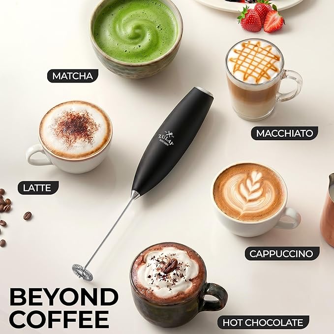 Zulay Kitchen Milk Frother Handheld Electric Whisk – Frother Wand with 2 Duracell Batteries, Durable Drink Mixer, Coffee Frother, Hand Blender, Frother for Protein Powder, Matcha & More - Black