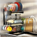 Hanging Wall Mounted Dish Drying Rack with Cutting Board Rack*1, Hook*4, Drain Tray*2, Apartment & RV Wall Mounted Dish Rack, Adhesive Mountable, 2 Layers & 16“ Long, Counter Free (Black)
