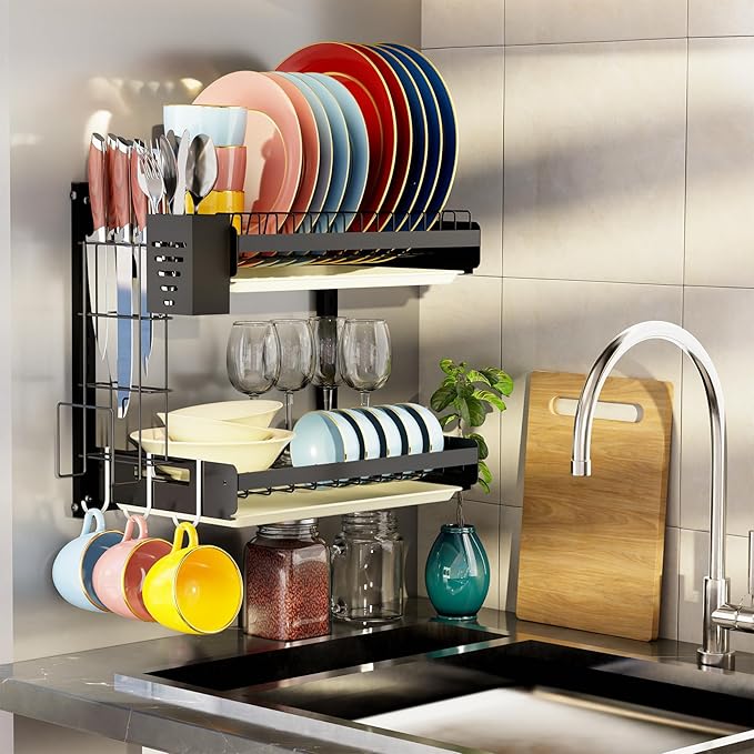 Hanging Wall Mounted Dish Drying Rack with Cutting Board Rack*1, Hook*4, Drain Tray*2, Apartment & RV Wall Mounted Dish Rack, Adhesive Mountable, 2 Layers & 16“ Long, Counter Free (Black)