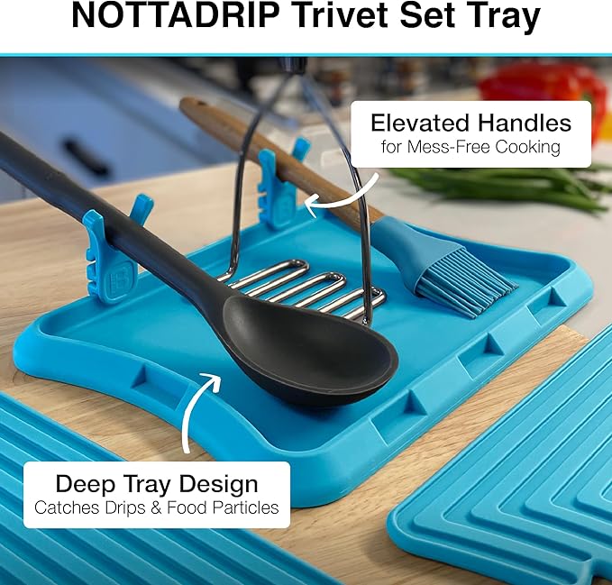 Nottadrip Silicone Spoon Rest for Stove Top - Kitchen Spoon Rest for Countertop, Ladle Holder, All in 1 Serving Station, Elevate Handles, Drip to Tray, Mess Free - 5PC Trivet Set - Blue
