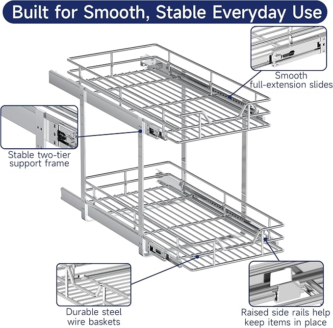 2-Tier Pull Out Cabinet Organizer, 11.5" W x 21.5" D, Heavy Duty Dual Slide Out Shelves for Narrow Base Cabinets, Chrome Wire Basket Drawer for Spices, Bottles & Snacks