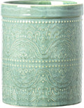 Kitchen Utensil Holder, 7 Inches Large Ceramic Utensil Holder for Countertop, Lace Emboss Cooking Utensil Crocks for Kitchen, Home Decor, Off-White, Forest Green