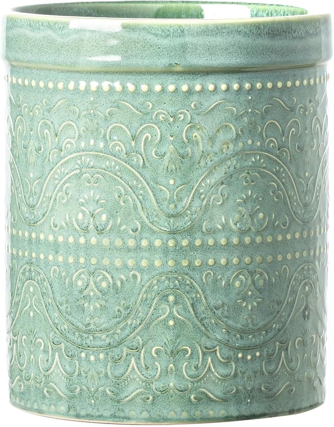Kitchen Utensil Holder, 7 Inches Large Ceramic Utensil Holder for Countertop, Lace Emboss Cooking Utensil Crocks for Kitchen, Home Decor, Off-White, Forest Green