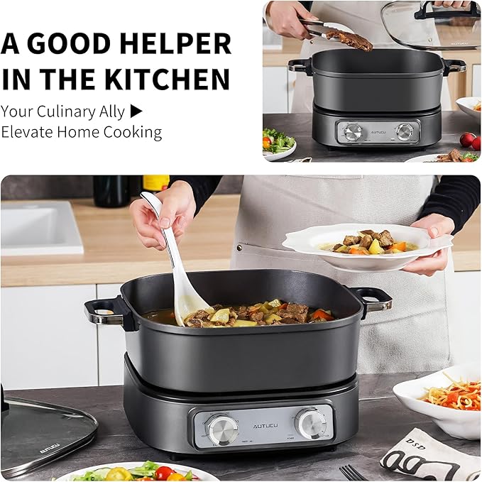 6-Quart Electric Skillet, Hot Pot | Non-Stick PFOA-Free Ceramic-Coated Pot, 1600W, Timer & 3 Power Settings for Steak, Egg, Ramen, Nonstick Pot