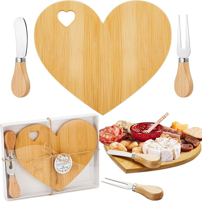 Patelai 1 Set Bridal Baby Shower Favor Heart Cheese Board with Knife, Wood Mini Charcuterie Board Thank You Gift Box for Guest Bridal Baby Shower Prize Wedding Valentines Birthday (Bamboo Color)
