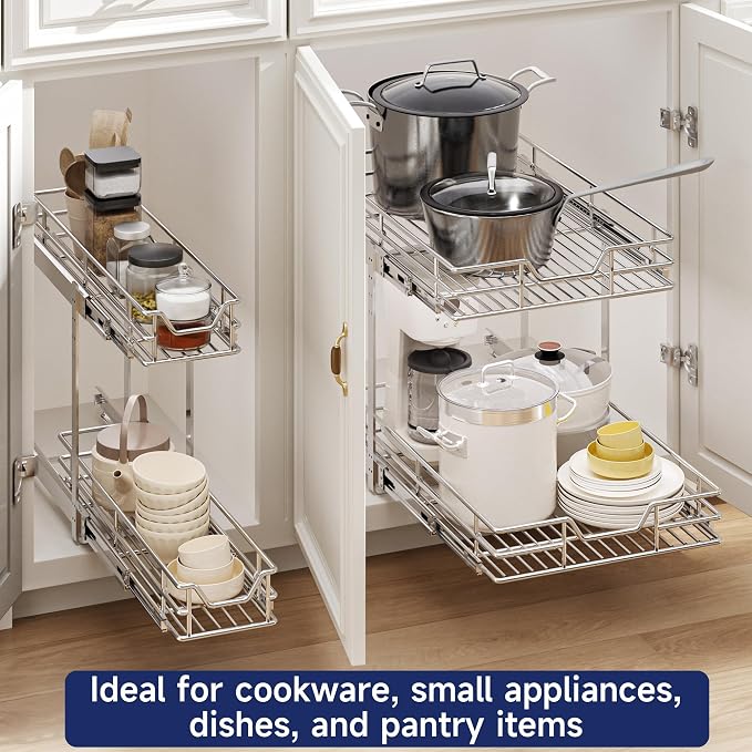 2-Tier Pull Out Cabinet Organizer, 13.5" W x 18" D, Heavy Duty Dual Slide Out Shelves for Base Cabinets, Chrome Wire Basket Drawer for Pantry, Kitchen & Bathroom Storage