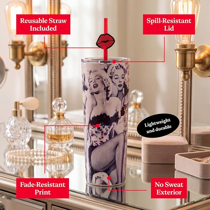 Dragon Glassware x Marilyn Monroe 100th Celebration Tumbler, 24oz - Glamour | Vacuum Insulated Stainless Steel Tumbler with Straw & Lid; Double Walled Tumbler with Straw Charm; Marilyn Monroe Cup