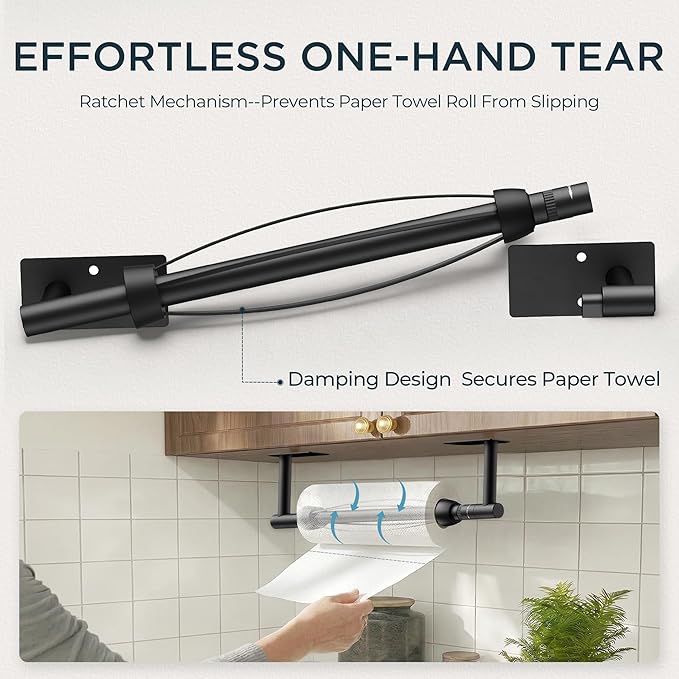 FORIOUS Paper Towel Holder Under Cabinet, Single Hand Operable with Adjustable Damping for Easy Tear, Adhesive or Drill Wall Mount, 304 Commercial Paper Towel Holder for Kitchen Bathroome, Matte Black
