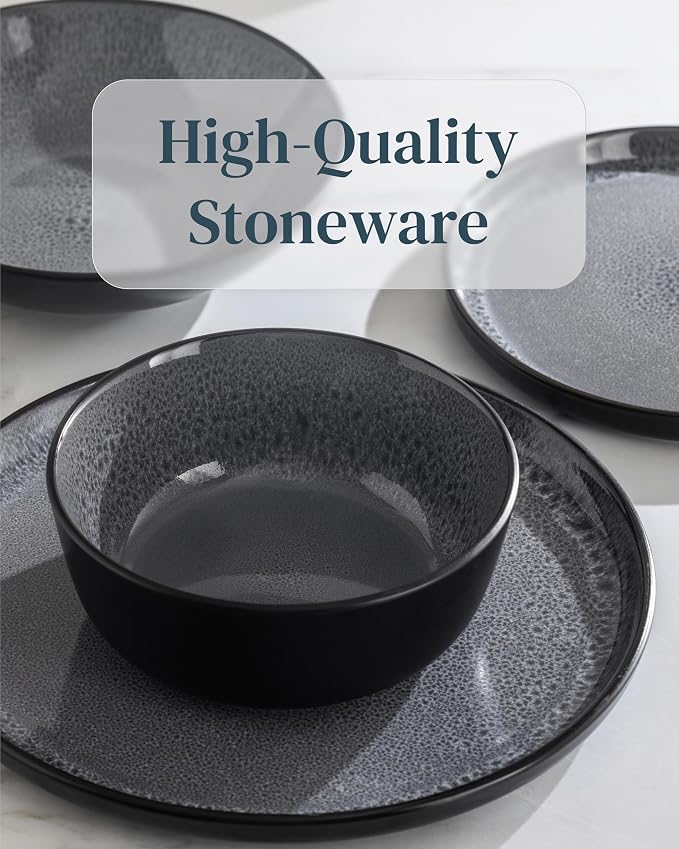 16 Piece Stoneware Dinnerware Set for 4 - Handmade Reactive Glaze Plates and Bowls Set - Chip & Scratch Resistant Dish Set - Dishwasher Microwave Safe - Dark Gray