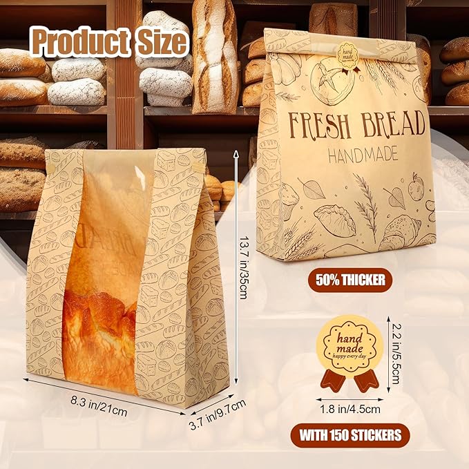 Feifeiya 150 Set Bread Paper Bags for Homemade Sourdough Kraft Bread Bags with Clear Window Seal Stickers 14'' x 8.3'' x 3.5'' Large Bakery Packaging for Storage Baked Goods Cookies
