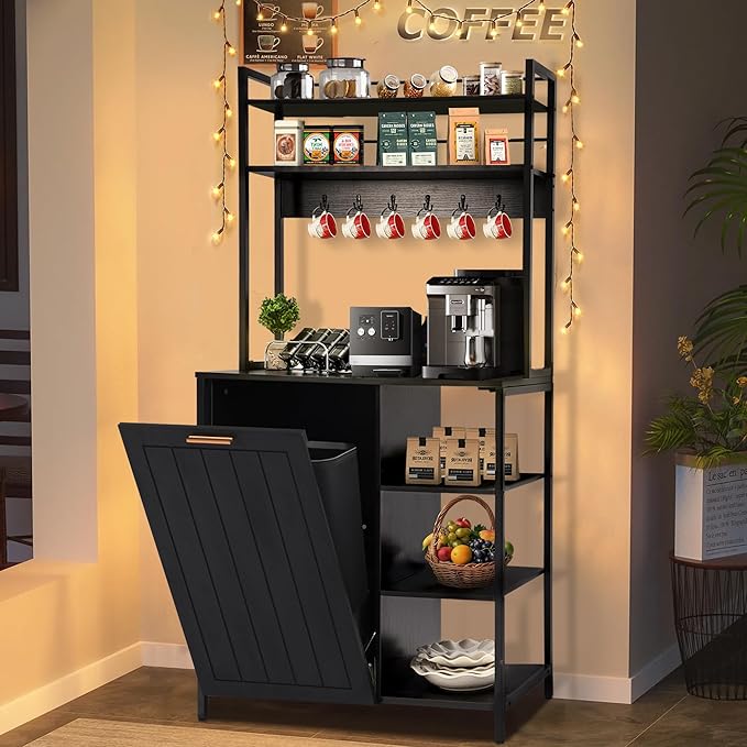Kitchen Bakers Rack with Power Outlets, Microwave Oven Organizer with Tilt Out Trash Can Cabinet Storage Shelf 6 Tiers Coffee Bar Station Stand, Freestanding Rack with 6 Hooks for Sink Bathroom