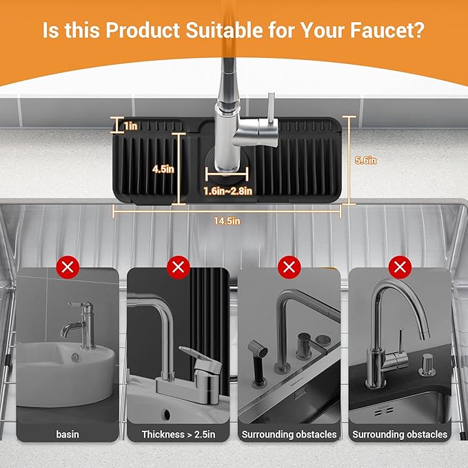 ZJWZLG Faucet Mat for Kitchen Sink, 14"X5.5" Silicone Sink Splash Guard with Soap Holder, Snap-On Design & 7°slope Fast Drain, Folding Sink Faucet Mat for Universal Kitchen Bathroom Sink（Black）