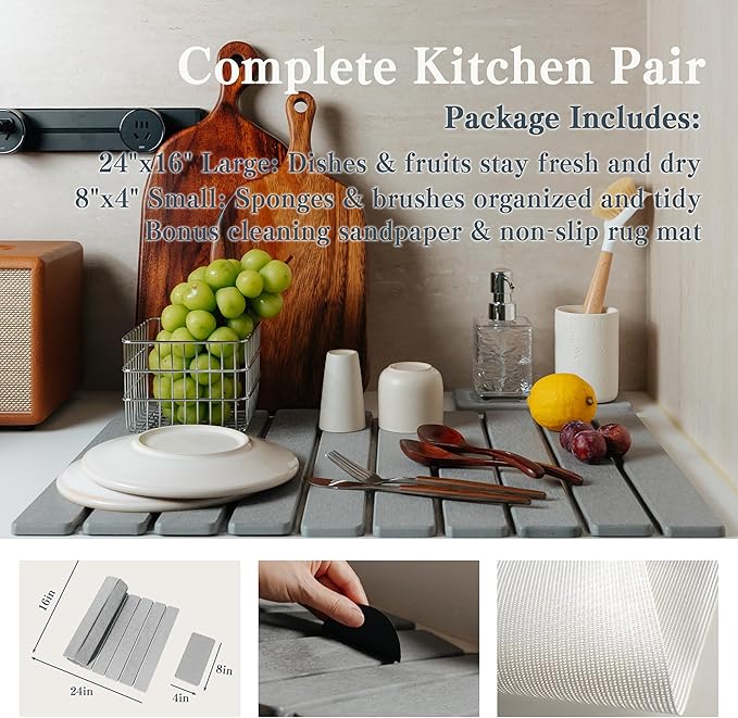 2pcs Stone Dish Drying Mat for Kitchen Counter, Quick-Dry Diatomaceous Earth Water Absorbent Pad & Countertop Drainer, Home Essentials for Bath and Pets - Light Grey, 24x16’’ & 8x4’’