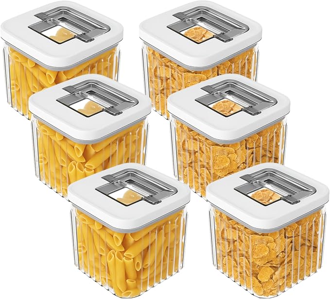 Oggi Airtight Clear Fluted Canister Set of 6 - Stackable Food Storage Containers with Lids, Vintage Modern Farmhouse Style, Kitchen Counter & Pantry Organization, Size - 6 x 40.5 fl oz / 1.2 Lt