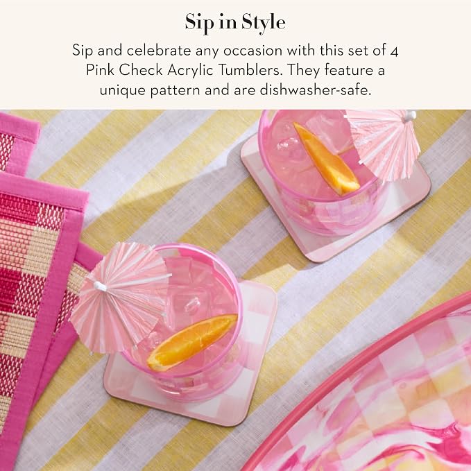 MACKENZIE-CHILDS Set of 4 Acrylic Tumblers, Open Tumbler Cups, Acrylic Cups, 14 Ounces, Pink Check