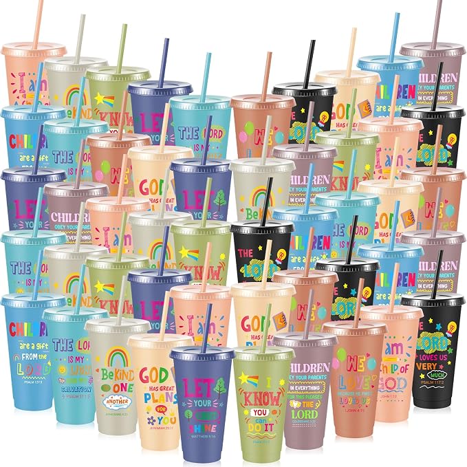 Uiifan 50 Pcs Morandi Christian Cups for Kids, Vacation Bible School Gifts 24oz Pastel Reusable Plastic Tumblers with Lids Straws, Bible Verse Party Cups for Sunday School, Classroom and Holiday Gifts