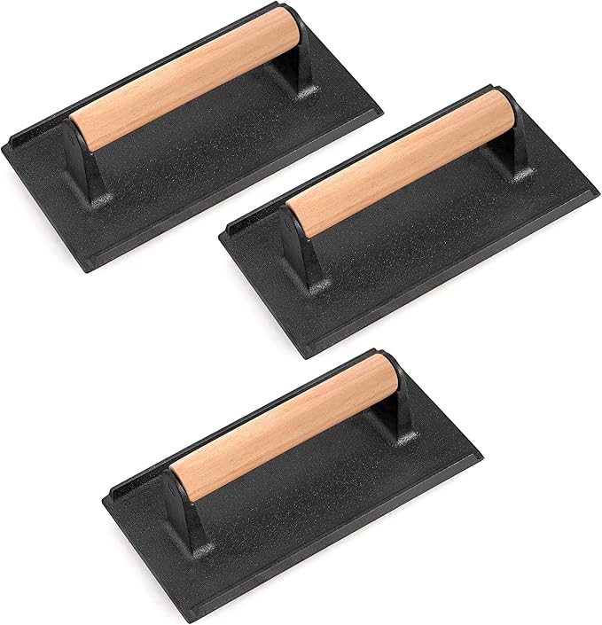 Leonyo 3Pcs Cast Iron Grill Press, Heavy Duty Bacon Press with Wood Handle, Pre-Seasoned Burger Smasher for Griddle Cooking, Meat, Burger, Bacon, Steak, Panini, Sandwich, Rectangle (8.2"X4.3")