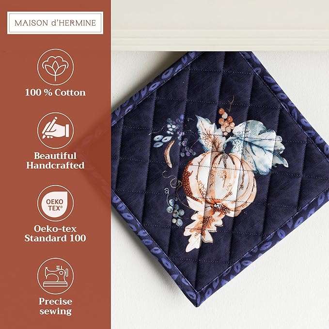 Maison d' Hermine Pot Holders Set 100% Cotton Heat Resistant Potholders 8" x 8" Hot Pads with Loop for Thanksgiving Christmas Decorations BBQ Baking Handling Hot Pans (Pack of 2, Pumpkin Blues)
