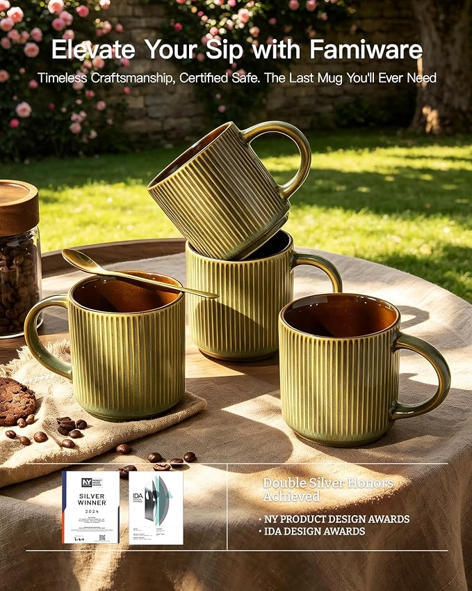 famiware Coffee Mug Set for 4, Star 12 oz Catering Mugs Cup Set with Handle for Coffee, Tea, Cocoa, Milk - Ceramic Stoneware Drinkware Set, Moss Cocoa
