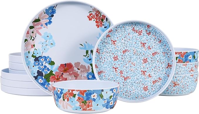 12 Pcs Melamine Dinnerware Set for 4, Floral Plates and Bowls Set | Dishwasher Safe&Lightweight Unbreakable Dish Set For Indoor Outdoor RV Camping Picnic,Service for 4