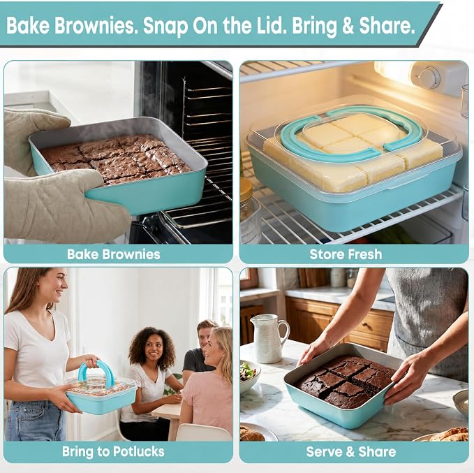 9 Inch Square Cake Pan with Snap-Lock Lid, Nonstick Carbon Steel Brownie Pan with Foldable Handle, PTFE & PFOA Free, for Brownies Bars Casseroles