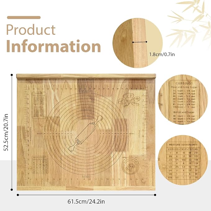 Wooden Pastry Board with Measurement 24'' x 20" Reversible Kneading Board with Side Lip and Engraved Ruler Bread Cutting Boards for Rolling Dough Baking Counter Top Kitchen (Natural)