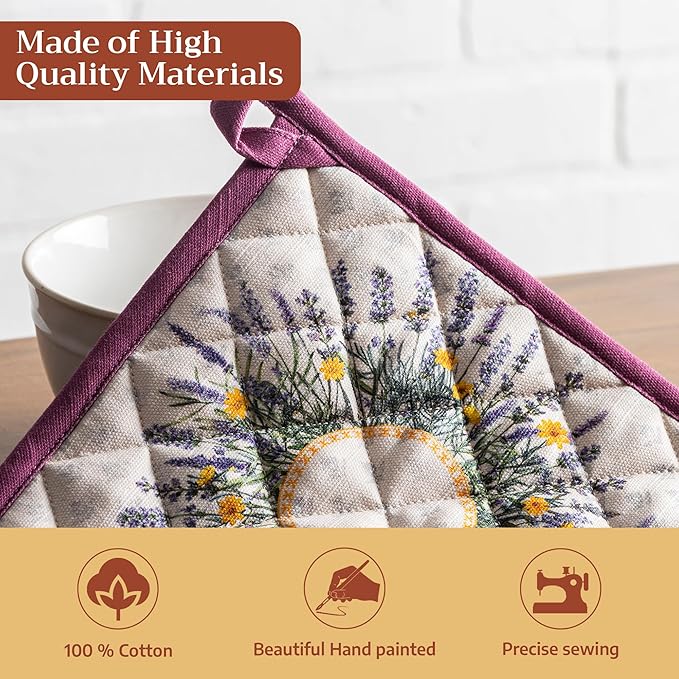 Maison d' Hermine Pot Holders 100% Cotton Heat Resistant Potholders 8" x 8" Hot Pads with Loop BBQ Cooking Baking Gifts for Mothers Day Handling Hot Pans Spring/Summer (Pack of 1, Fanny Lavender)
