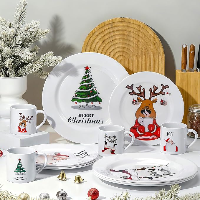 12 Piece Christmas Melamine Dinnerware Set for 4 Guest, 10" Dinner Plates, 8" Salad Plates, 9 oz Mug Shatterproof Xmas Dishes Gift for Home Party Festive Holiday Celebrations