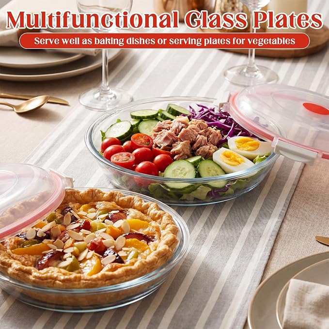 2 Pcs 9 Inch Glass Pie Plate with Lid for Baking Large Stackable Glass Round Pie Baking Dish for Fruit, Quiches, Pumpkin, Kitchen Oven Refrigerator Family Clear