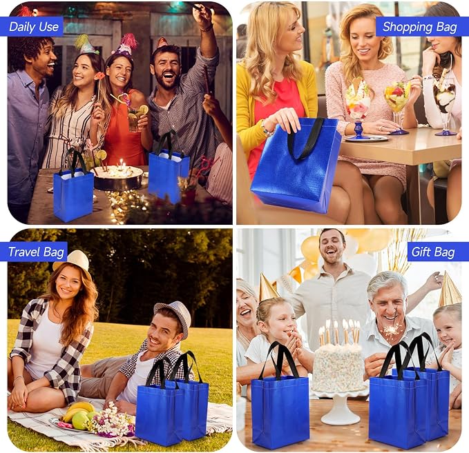 Eccliy Reusable Gift Bags Set Glossy Grocery Gift Tote Bag with Handle for Wedding, Bridal Shower, 4th of July, Summer Event(10 x 8 x 4.7 Inch,Blue,80 Pcs)