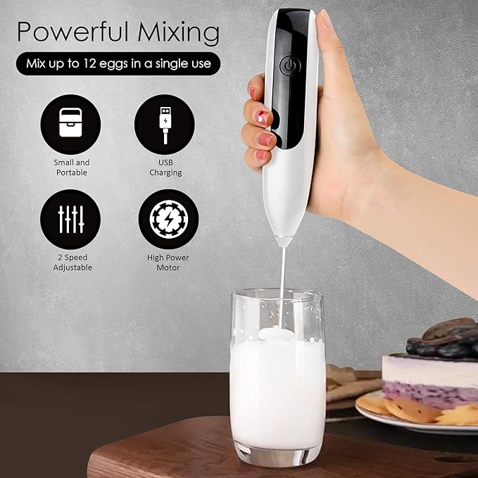 GOCHA | FrothMaster X2 Rechargeable Milk Frother – 2-Speed Handheld Foam Maker for Coffee, Lattes, Matcha – USB-C Charging, Stainless Steel Whisk, Stand Included (White)