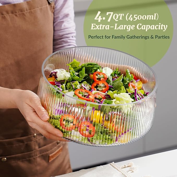 NiHome Extra Large Glass Salad Bowl with Natural Acacia Wood Base & Wooden Serving Utensils for Family Dinners, Parties, Gatherings, Multipurpose Oversized Glass Bowl for Salads(Separate-Piece Design)