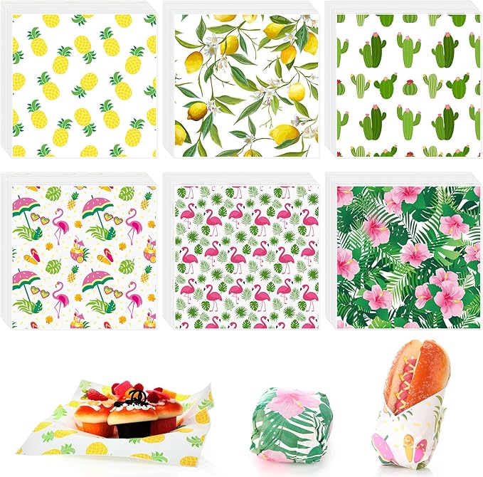 Reallnaive 600 Pcs Wax Paper Sheets 12 x 12 Inch Parchment Deli Tissue Paper Sandwich Wrapping Sheets Food Basket Liners for Kitchen Restaurant Baking Supplies, 6 Styles (Summer Theme)
