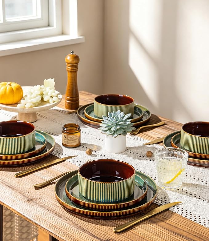GBHOME Stoneware Dinnerware Sets for 4, 12 Pieces Lightweight Ceramic Ribbed Plates and Bowls Set, Reactive Glaze Stackable Plate Sets,Scratch Resistant Dishes,Microwave & Dishwasher Safe,Maroon Olive