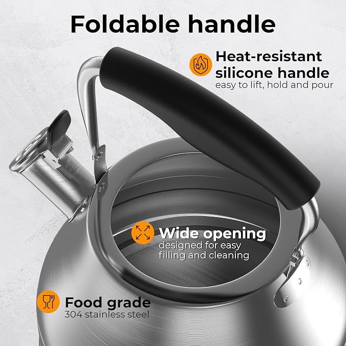 Stovetop Whistling Tea Kettle 2.4 QT / 2.3L, Stainless Steel Water Kettle for Induction, Gas & Electric Stoves, Fast Boiling Tea Kettle with Loud Whistle, Cool Touch Handle, Wide Lid, Satin, Silver