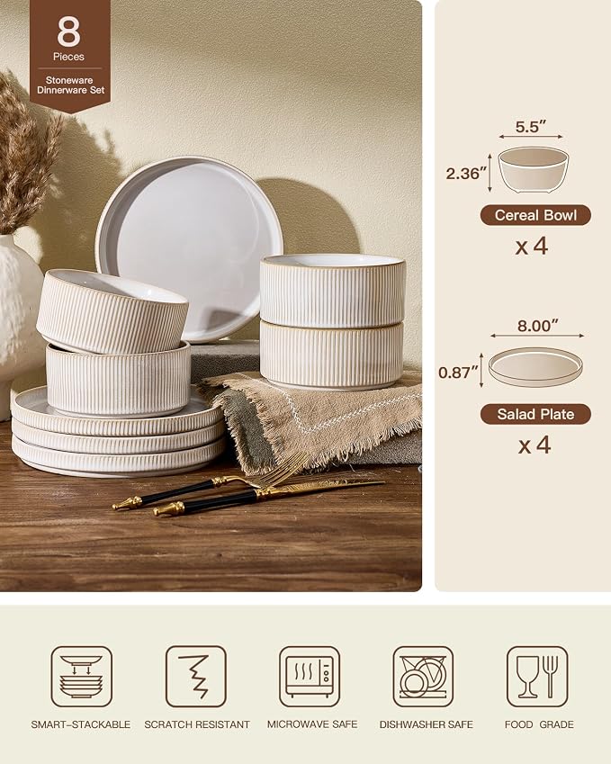 8-Piece Plates and Bowls Sets for 4, Cappuccino White | Handcrafted reactive glaze stoneware dinnerware. Chip & scratch resistant. Microwave & dishwasher safe. Everyday/formal use.