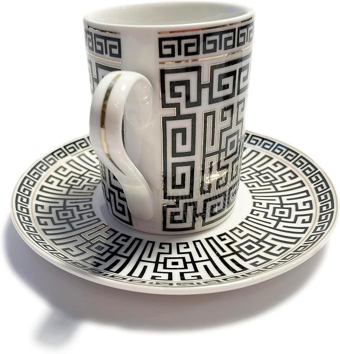 Mazeology Espresso Cups Greek Key Design Bone China 2 Sets Cups and Saucers Black and White with Gold Accents